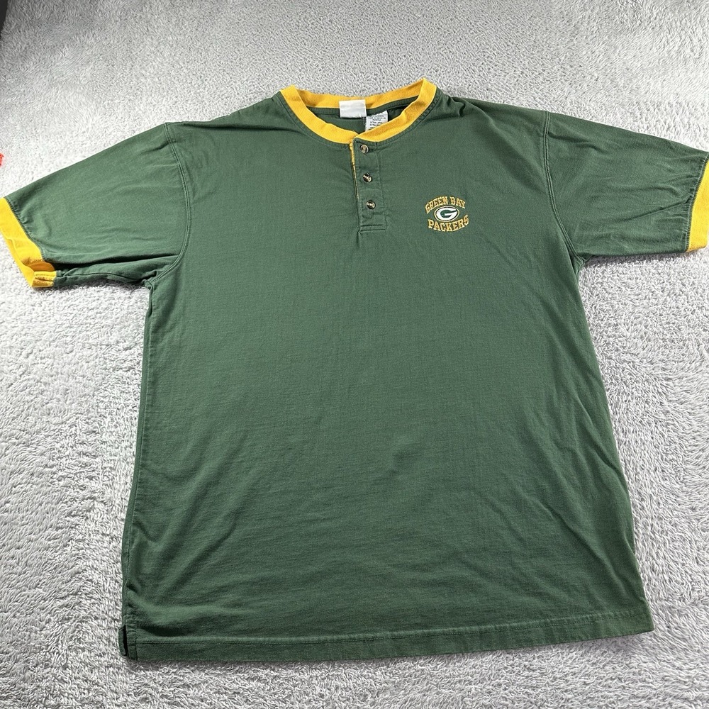 VINTAGE Green Bay Packers Henley Shirt Mens XL‎ Y2K Cotton Buttons Ringer